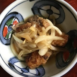 鯖の竜田揚げ、ポン酢オニオンスライス盛り。